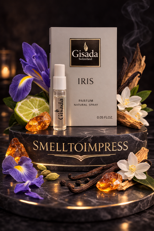 luxury smelltoimpress pedestal with Gisada Iris 1.5ML 0.05 fl. oz. official perfume sample